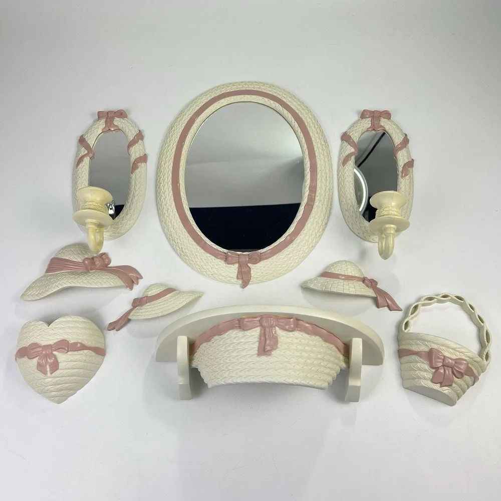 Vtg 90's Burwood Wall Decor 9pc Set White Pink Bows Faux Wicker Mirrors *Flaws*